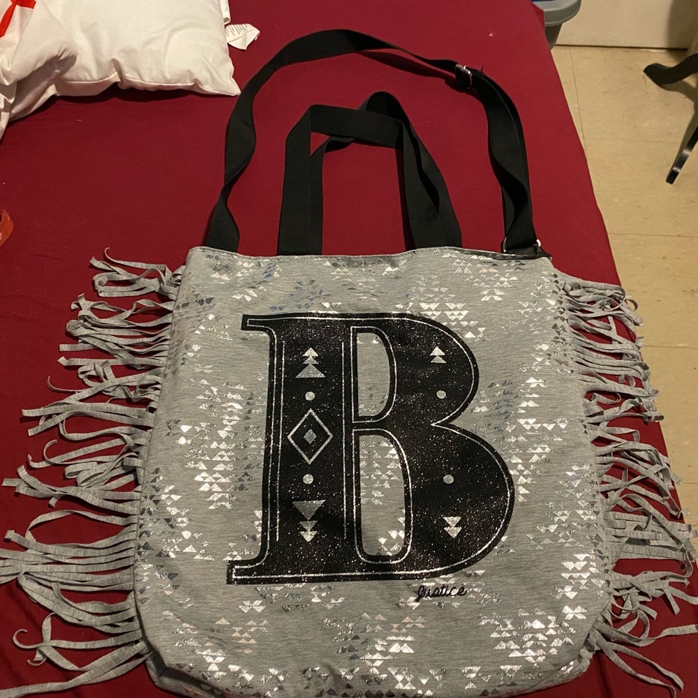 JUSTICE SILVER SHIMMER INITIAL “B” FRINGE TOTE BAG